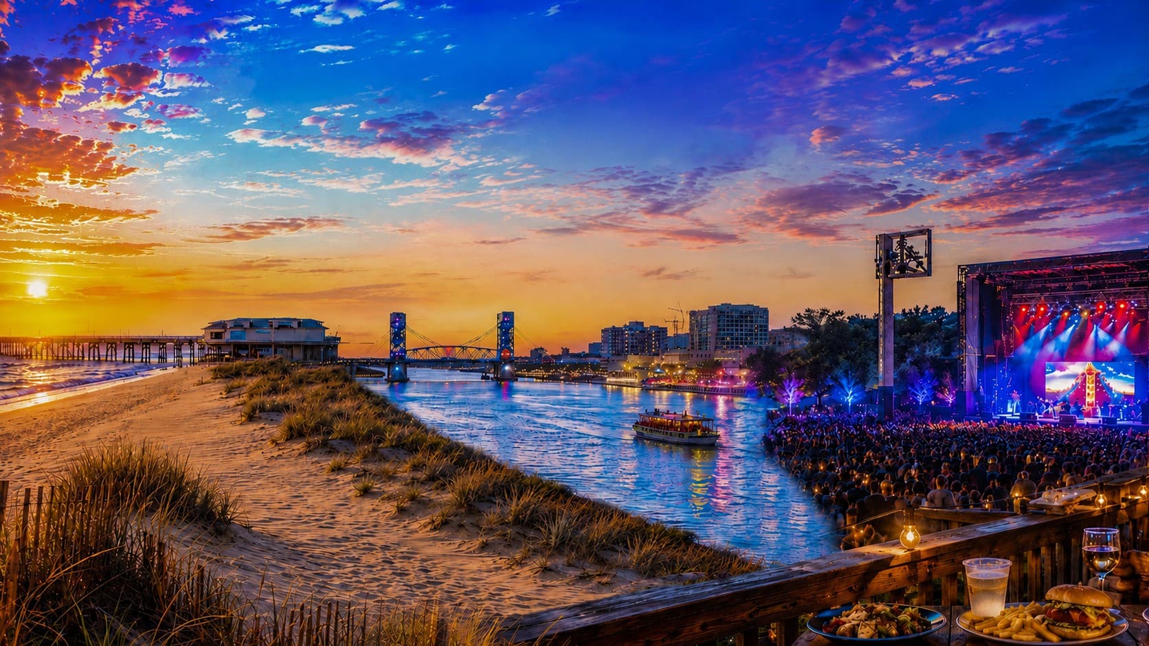 Wilmington, NC riverfront at sunset with a live concert stage